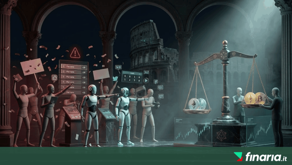 Illustrazione 3D che confronta un'area di caos dei pronostici con una bilancia precisa di prediction markets con crypto e oro.