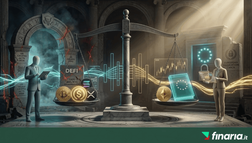 Illustrazione 3D cinematografica: contrasto ritmi regolatori crypto, Washington vs Francoforte, tra colonne romane e bilancia.