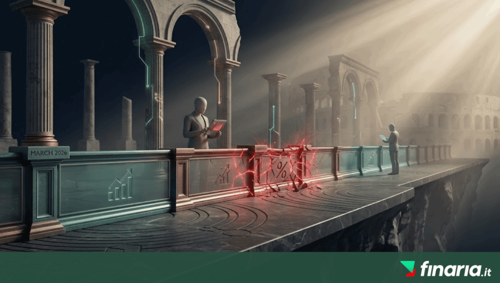 Due analisti 3D analizzano dati Jobs Report contrastanti su un guardrail che si spezza al bordo di un cliff tra rovine romane.