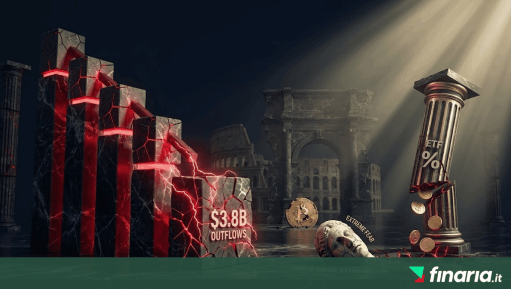 Visualizzazione 3D di 5 blocchi di dati collegati, incrinati e rossi in discesa bruscamente, culminando in un grande blocco fractured con fulmini rossi. Una maschera romana rotta sul pavimento di marmo scuro tra rovine romane e Colosseum.