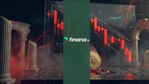 Illustrazione 3D di un grafico finanziario rosso intenso che mostra il prezzo di Bitcoin crollare da 126.000$ a 60.000$. Una moneta Bitcoin rompe un pavimento di marmo scuro tra rovine romane e fulmini rossi, mentre una figura osserva i dati.