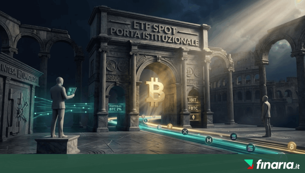 Illustrazione 3D con manichini, ETF SPOT — PORTA ISTITUZIONALE in pietra, ₿ gold glowing, ◇, Solana, XRP, Hedera tokens tra colonne classiche e Colosseum.