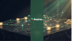 Illustrazione 3D di una mappa del mondo su una piattaforma di marmo scuro, coperta da una rete di nodi e linee luminose verdi e oro che rappresentano flussi finanziari. Lingotti d'oro e cubi blockchain luminosi sono integrati nella rete.