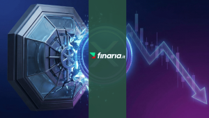 Illustrazione 3D di una moneta XRP luminosa che frantuma un vault metallico, con un grafico finanziario e una freccia verso il basso sullo sfondo blu e viola.
