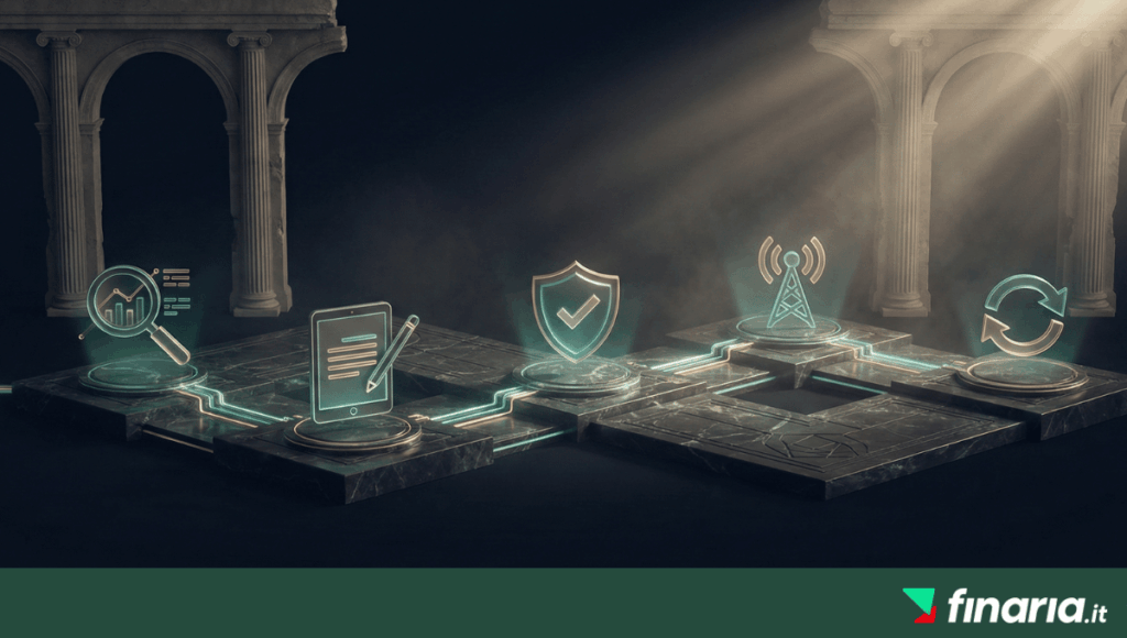 Illustrazione 3D che rappresenta il processo editoriale di Finaria: 5 piattaforme interconnesse su marmo con icone per ricerca, scrittura, verifica, pubblicazione e aggiornamento.