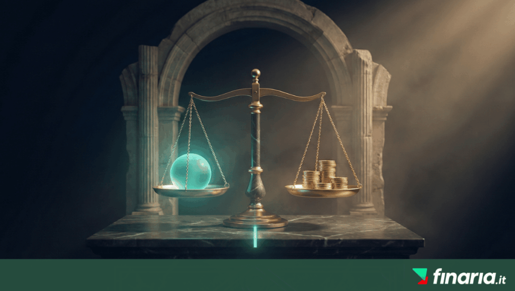 Illustrazione 3D di una bilancia classica in ottone e oro perfettamente bilanciata su un piedistallo di marmo. Su un piatto c'è una sfera luminosa teal e sull'altro una pila di monete d'oro, con una linea divisoria luminosa teal incisa sulla superficie di marmo, il tutto incorniciato da un'arcata romana.