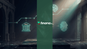 Illustrazione 3D del logo diamante Ethereum collegato via roadmap a icone olografiche di Wall Street, intelligenza artificiale e impronta digitale su un piedistallo di marmo circondato da archi classici.