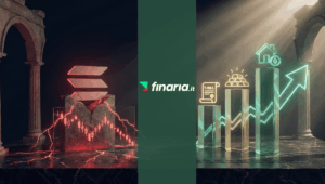 Visual 3D diviso: a sinistra il crollo di Solana con grafico rosso e rotto; a destra grafico in crescita per T-bills, oro e immobiliare (RWA) in tonalità teal e oro.