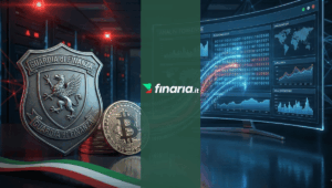 Stemma Guardia di Finanza e Bitcoin 3D. Dati blockchain fluiscono in uno schermo di analisi forense digitale. Nastro bandiera italiana in primo piano.