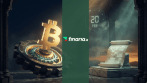 Rendering 3D di un Bitcoin dorato su un ingranaggio di marmo e una pergamena con grafici, simbolo del dollaro e la data 20 FEB.