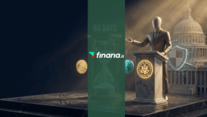 Rendering 3D di un senatore che indica una clessidra con scritta "90 DAYS" davanti al Campidoglio USA, con Bitcoin ed Ethereum.