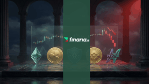 Simboli 3D di ETH, XRP, ADA, BNB e HYPE davanti a un grafico che mostra una settimana piatta seguita da un forte calo rosso.