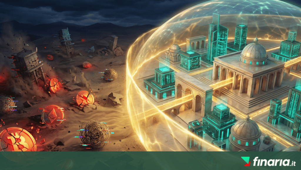 Illustrazione 3D metaforica che mostra il passaggio da un