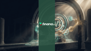 Illustrazione 3D di un grande orologio '24/7' con monete Bitcoin e Ethereum che ruotano attorno, incorniciato da un arco romano su una piattaforma di marmo scuro.