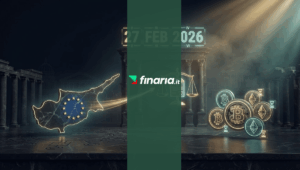 Illustrazione 3D con mappa di Cipro, arco romano con data 27 Feb 2026, bilancia con licenza UE e monete crypto con clessidre su sfondo di rovine classiche.