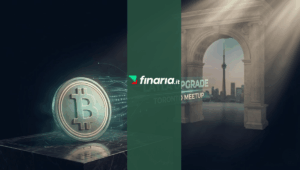 Render 3D: moneta BCH su marmo, dati verso un arco romano che inquadra lo skyline di Toronto e il testo "LAYLA UPGRADE".