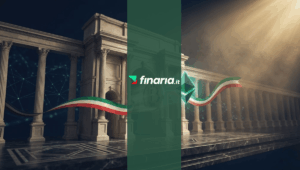 Illustrazione 3D dei simboli Bitcoin (oro) ed Ethereum (teal) che attraversano un arco romano con un nastro tricolore, simboleggiando l'ingresso alla Borsa Italiana