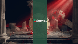 Illustrazione 3D di una moneta Bitcoin d'oro che si spezza con luce rossa su un piedistallo di marmo scuro, circondata da rovine romane, container e un globo con triangoli di allarme.