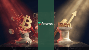 Illustrazione 3D di un flash crash crypto con un simbolo Bitcoin rotto e una freccia rossa verso il basso a sinistra, contrapposto a lingotti d'oro e una freccia verde verso l'alto a destra, in un'ambientazione di rovine romane.