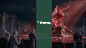 Illustrazione 3D di un simbolo Ethereum rosso e crepato su un piedistallo di marmo, circondato da investitori disperati.
