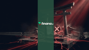 Illustrazione 3D di un torii giapponese e una pergamena accanto a un simbolo XRP su una bilancia, tutto su una piattaforma di marmo crepata con luce rossa drammatica.