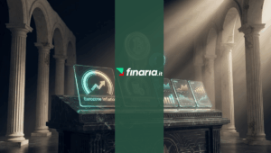 Pannello di controllo finanziario con cinque schermi dati olografici per "Eurozone Inflation" e "US Reserves", con simboli Bitcoin ed Ethereum fluttuanti in un ambiente classico di colonne e marmo scuro.