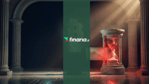 Simbolo Bitcoin luminoso in ascesa contrastato da una clessidra rossa e un grafico ribassista su pergamena in un tempio classico.