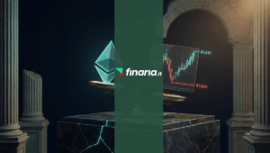 Illustrazione 3D di un simbolo Ethereum che rimbalza sulla bilancia, con un grafico che mostra il calo a 1.800$ e il recupero a 1.912$, su un piedistallo di marmo crepato.