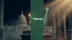Simboli Bitcoin e Ethereum su grafico rialzista (+5%, +8%) su piedistallo di marmo crepato davanti al Campidoglio USA.