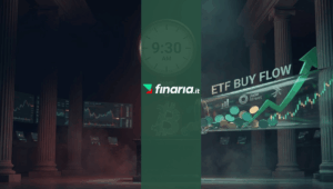 Illustrazione 3D: un orologio segna "9:30 AM DUMP" schiacciando un Bitcoin, mentre a lato un tubo "ETF BUY FLOW" con logo Jane Street immette liquidità in un grafico rialzista.