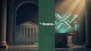 Simbolo XRP 3D con grafico (+6%, $1.44) e monete "TREASURY TOKENIZATION $300M+" su piedistallo davanti a un edificio in stile SEC.