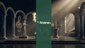 Scena 3D con manichini, Bitcoin dorato, libro MiCA e bilancia su marmo scuro e colonne classiche a Casa Sanremo.