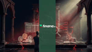 Illustrazione 3D di una scena di esposizione di dati finanziari, con fogli di calcolo simbolici, cluster di criptovalute crackate e una figura di manichino che scansiona con un dispositivo a lente.