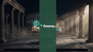 Illustrazione 3D di Bitcoin, Ethereum e XRP su una bilancia equilibrata tra rovine romane, con grafici a candela sopra.