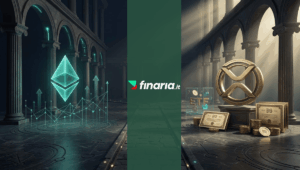 Illustrazione 3D di Ethereum (◇) con tech glow teal e XRP con bond e ETF gold, su una strada romana split.