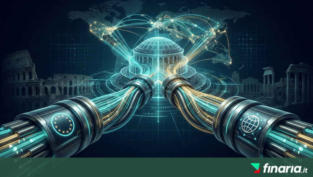 Illustrazione 3D della convergenza tra i sistemi di tracciabilità fiscale DAC8 (UE) e CARF (globale) per le cripto-attività, rappresentati da due flussi di dati che si uniscono in un hub centrale su sfondo con rovine romane