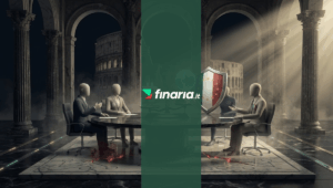 Illustrazione 3D di tre figure istituzionali che analizzano Bitcoin e dati di rischio su marmo scuro e colonne romane.