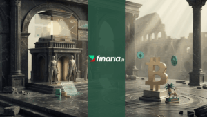 Illustrazione 3D cinematografica: mercato previsioni Sanremo on-chain con Bitcoin (₿), odds e figure in toga tra rovine romane.