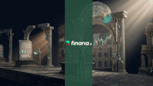 Illustrazione 3D con manichini, bilancia soppesa salari (rosso) e lavoro (teal) tra rovine romane e Colosseum.