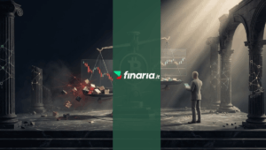 Illustrazione 3D di una bilancia con il simbolo Bitcoin (₿) che confronta grafici finanziari contrastanti tra colonne romane, analizzata da una figura stilizzata.