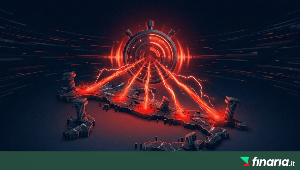 Illustrazione 3D che visualizza l'alta frequenza degli attacchi informatici: un cronometro digitale rosso lancia fulmini di dati su una mappa dell'Italia in marmo fratturato e colonne romane in rovina.