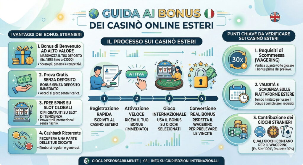 infografica su bonus senza deposito nei casino online stranieri