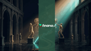 Render 3D di hall classica con monete d'oro e figure che volano in alto verso luce teal e oro.