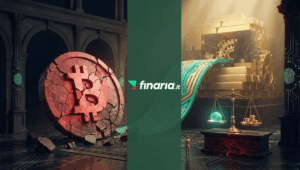 Render 3D di un enorme Bitcoin che si sgretola in rosso, mentre energia Teal/Oro si convoglia in un nuovo colossale tesoro d'oro.