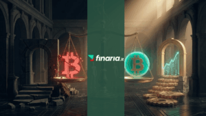 Render 3D: Una bilancia monumentale d'oro in perfetto equilibrio tra un Bitcoin rotto e rosso e uno sano d'oro e teal, tra colonne classiche.