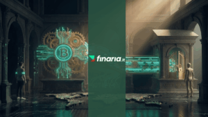 Render 3D cinematico: un imponente acquedotto dorato-teal collega un network di chip a un kiosk portico classico su un mondo di marmo.
