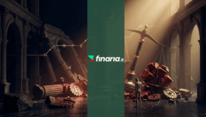Render 3D cinematico: una monumentale bilancia d'oro crollata, overloaded con masse rosse spezzate tra rovine classiche, con un mannequin sconfitto.