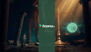Render 3D cinematico: un colossale rig petrolifero-pilastro classico d'oro schiaccia un mercato fratturato. Un Bitcoin teal e oro è in equilibrio critico tra rovine e dati.