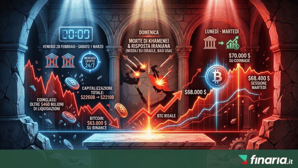 Infografica sull'andamento del prezzo di Bitcoin e liquidazioni di mercato tra il 28 febbraio e il 4 marzo 2026, con analisi della discesa a 63.000 $e il recupero a 70.000$ in relazione alle tensioni geopolitiche in Medio Oriente.