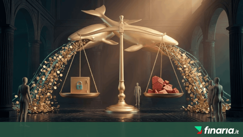 Scultura 3D di balene d'oro che versano monete su una bilancia perfettamente in equilibrio in un salone classico italiano.